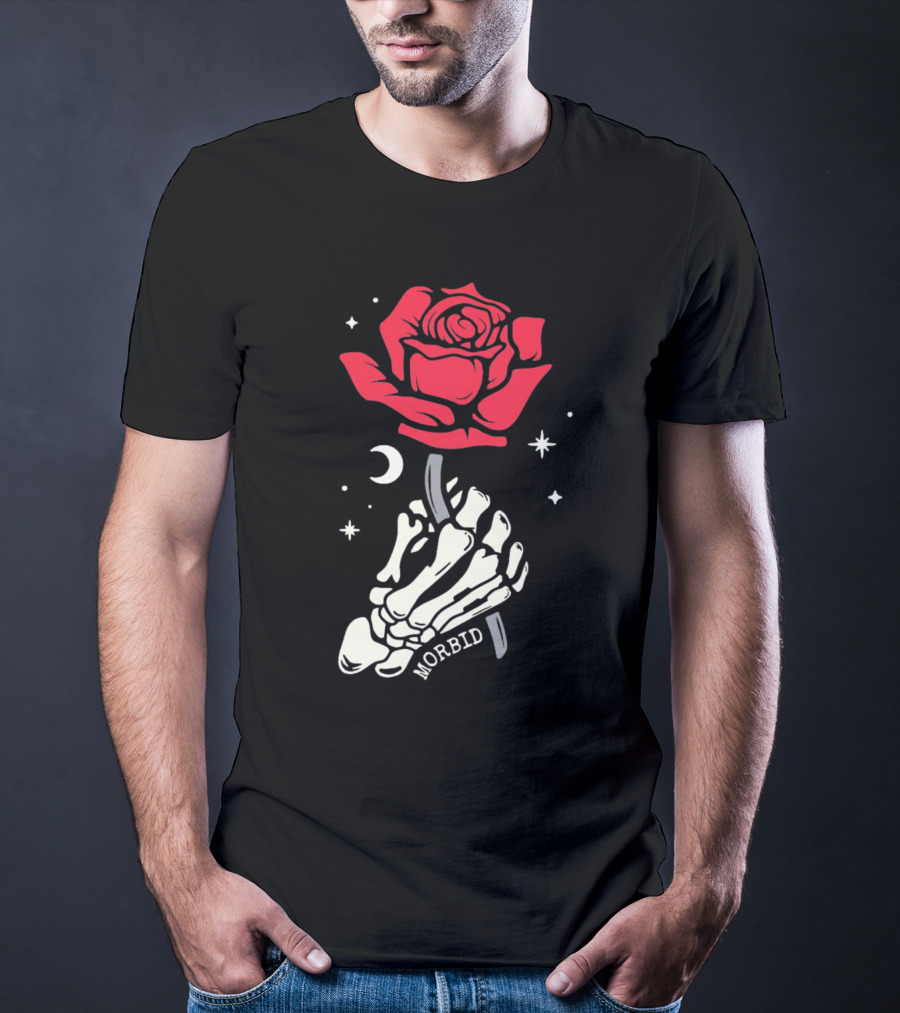 Morbid Skeleton Rose With Crescent Moon And Stars T-Shirt