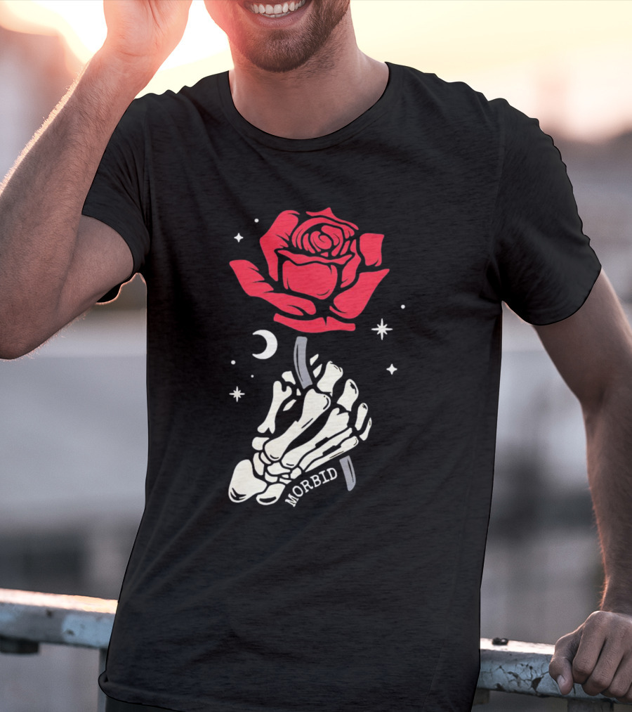 Morbid Skeleton Rose With Crescent Moon And Stars T-Shirt