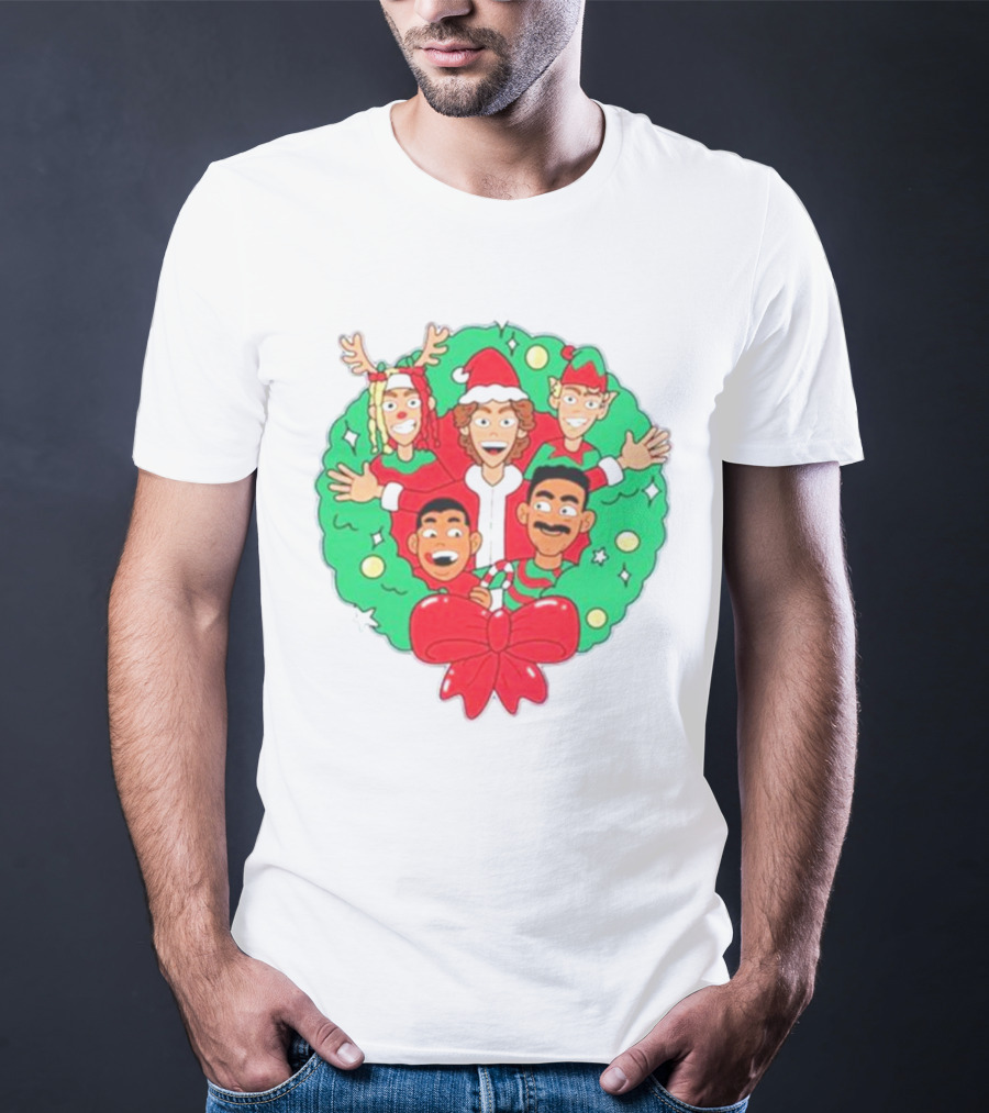 Baylen Levine Christmas Cartoon Characters In Holiday Wreath With Bow And Santa Hat T-Shirt