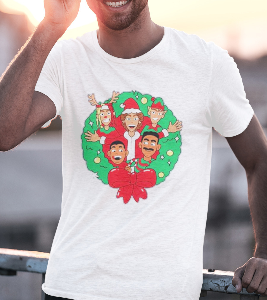 Baylen Levine Christmas Cartoon Characters In Holiday Wreath With Bow And Santa Hat T-Shirt