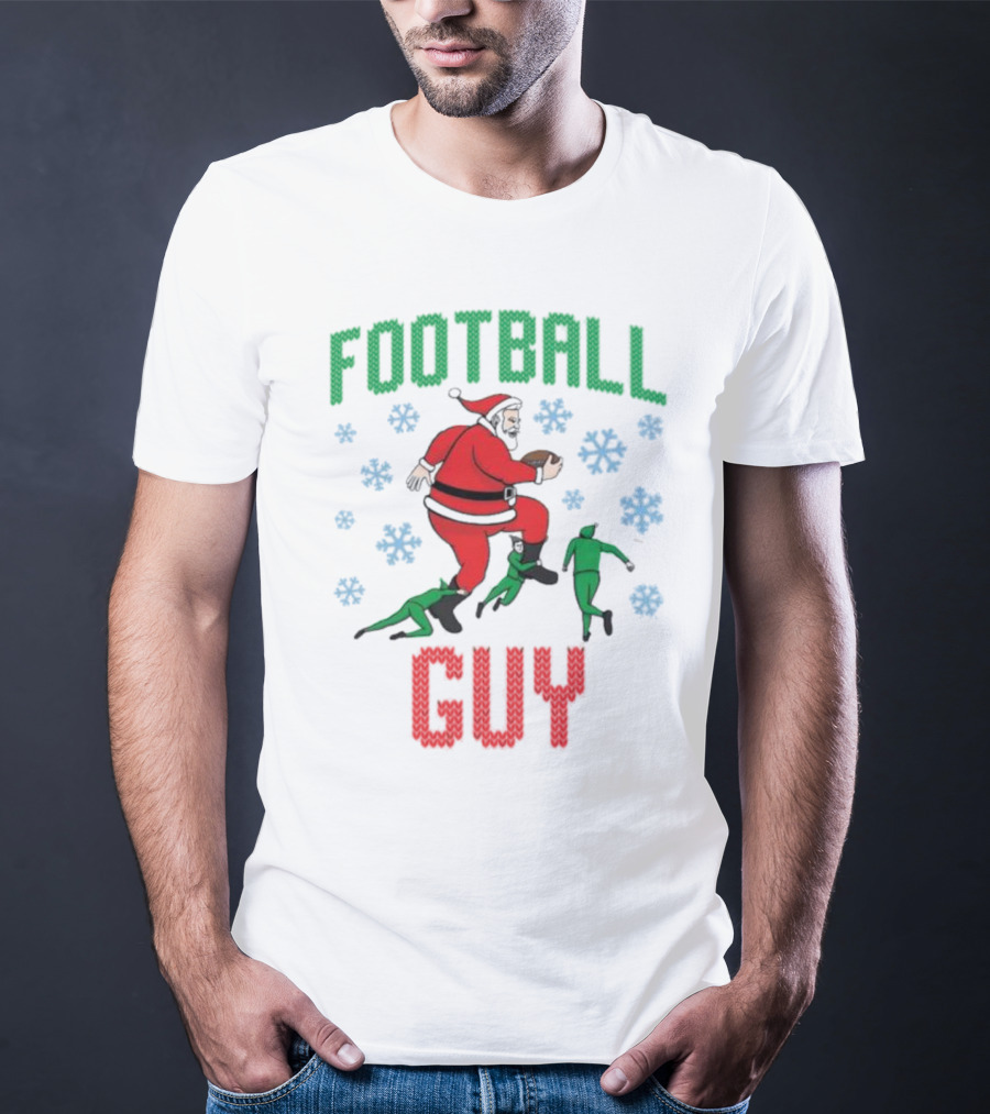 FOOTBALL GUY Santa Running With Football And Snowflakes T-Shirt