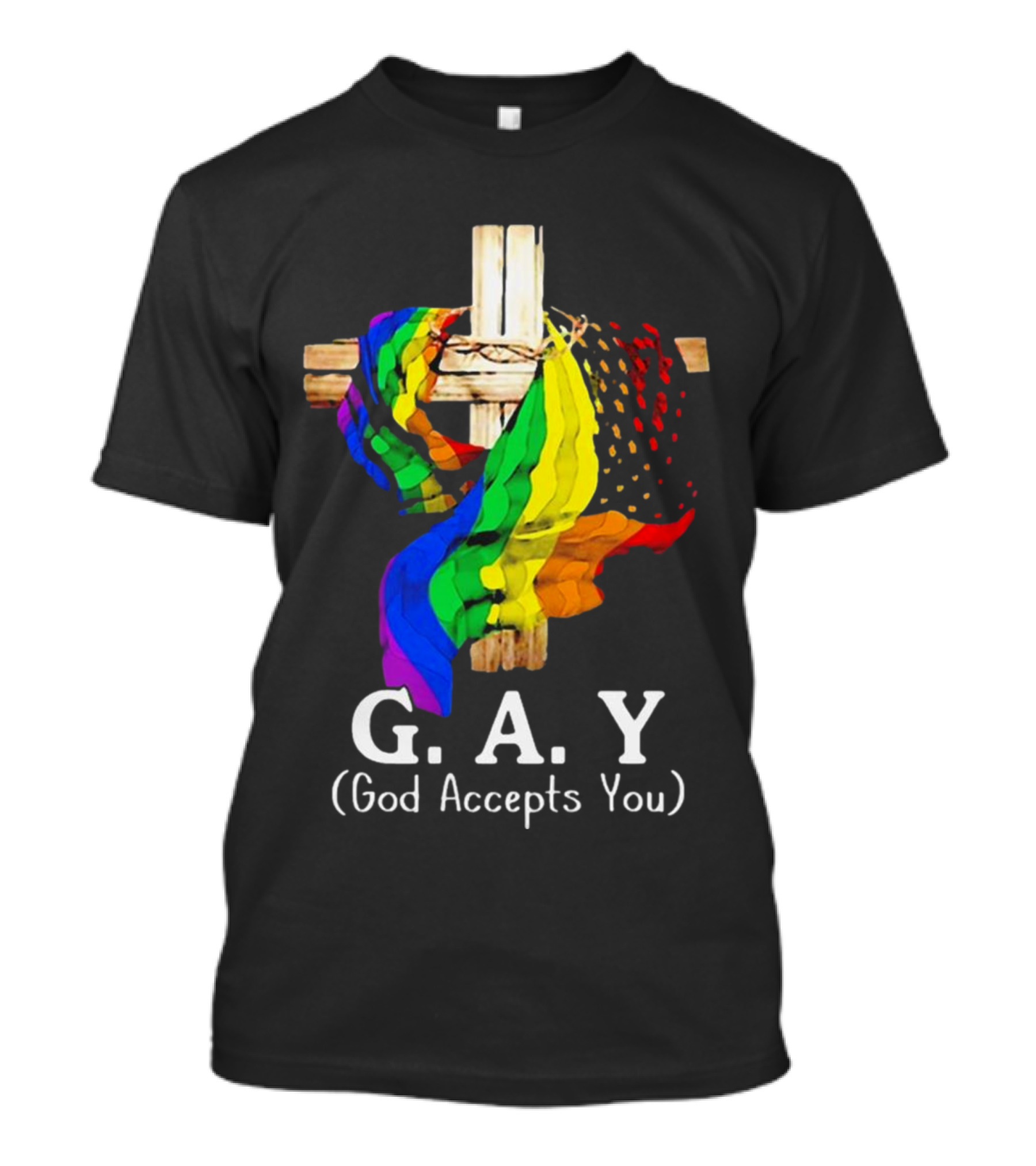 GAY Pride Cross God Accepts You Rainbow Flag T-Shirt