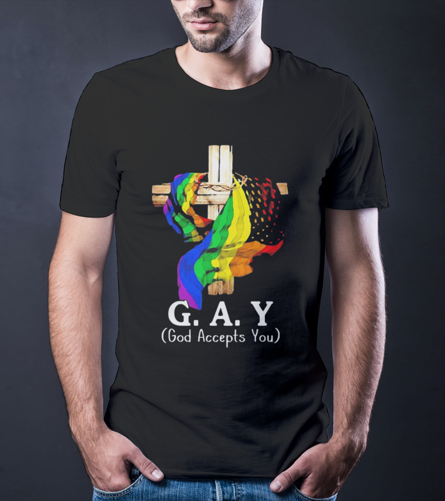 GAY Pride Cross God Accepts You Rainbow Flag T-Shirt