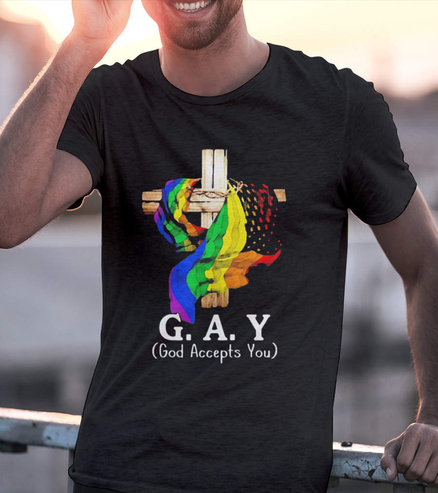 GAY Pride Cross God Accepts You Rainbow Flag T-Shirt