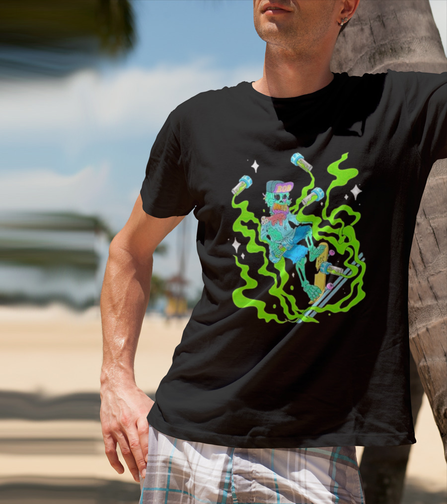 Toxic Skulls Club Bobburnquist Skateboarding Skeleton With Green Smoke And Skateboard T-Shirt