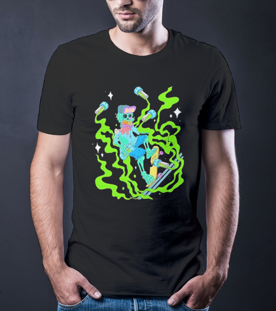 Toxic Skulls Club Bobburnquist Skateboarding Skeleton With Green Smoke And Skateboard T-Shirt