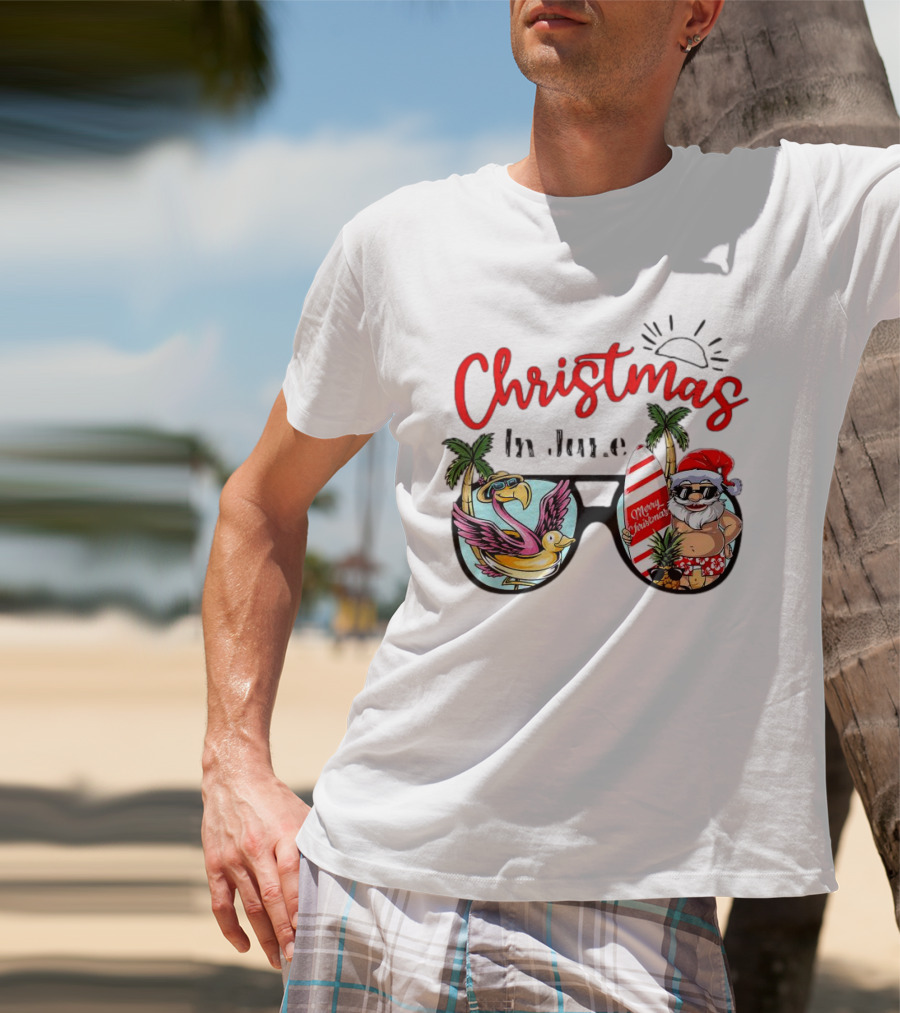 Christmas In June Sunglasses Santa Flamingo Merry Christmas Summer Vacation T-Shirt