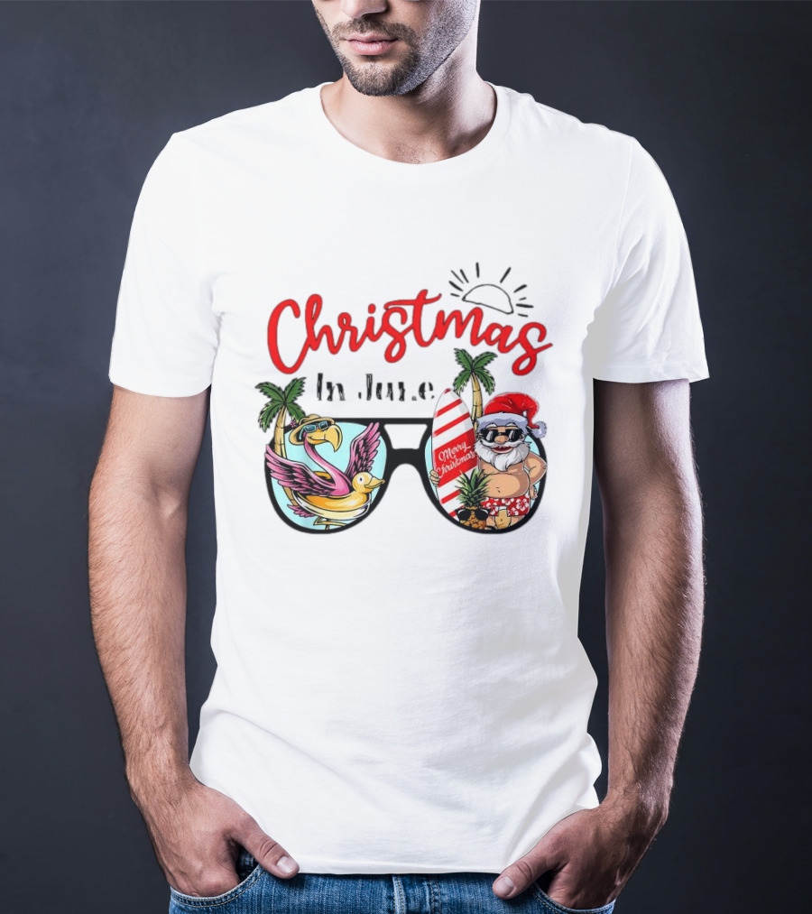 Christmas In June Sunglasses Santa Flamingo Merry Christmas Summer Vacation T-Shirt