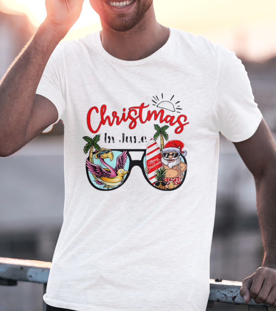 Christmas In June Sunglasses Santa Flamingo Merry Christmas Summer Vacation T-Shirt