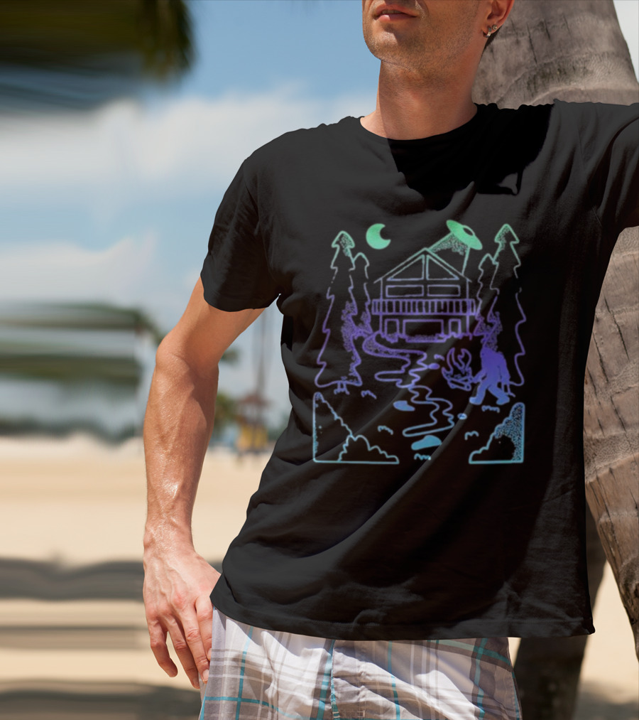 Mile Higher Paranormal Cabin UFO Night Scene T-Shirt