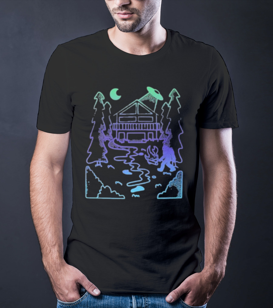 Mile Higher Paranormal Cabin UFO Night Scene T-Shirt