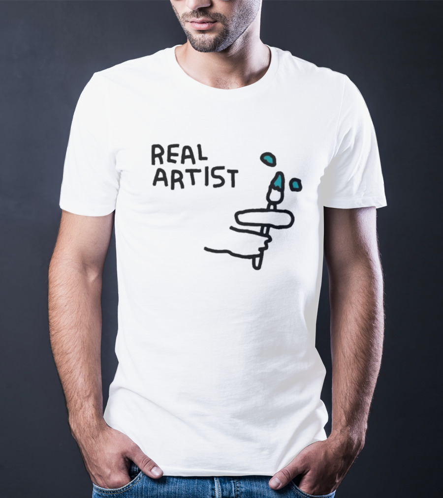 REAL ARTIST Paint Brush Hand Drawing Blue Paint Drops T-Shirt
