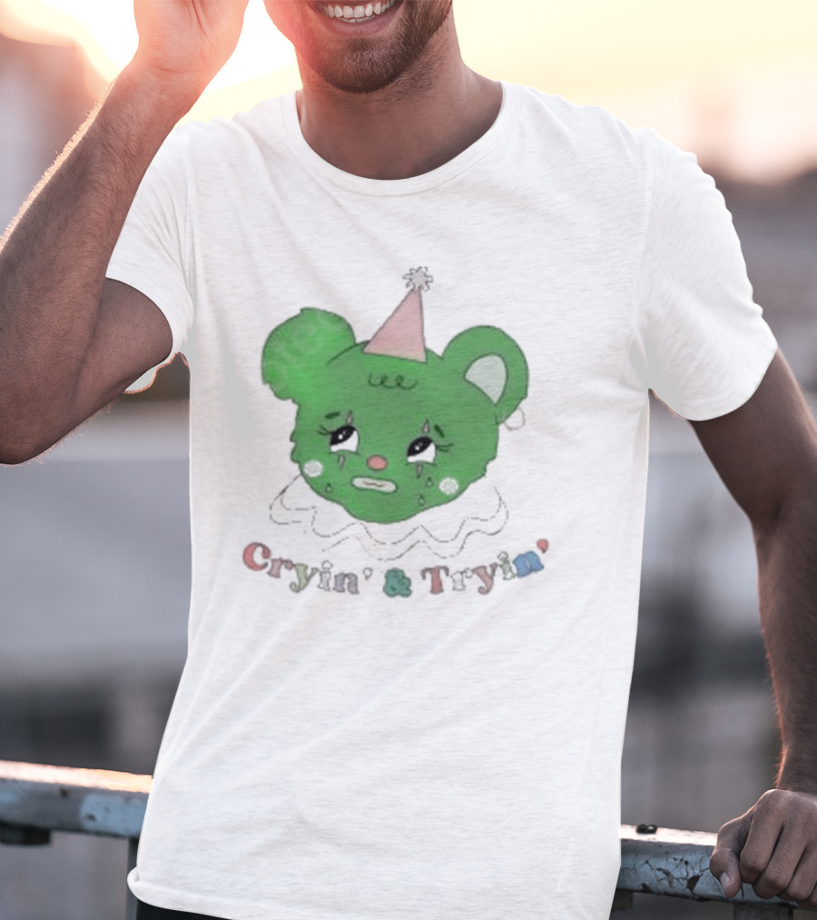 Smilecult Merch Cryin’ And Tryin’ Sad Bear With Party Hat T-Shirt
