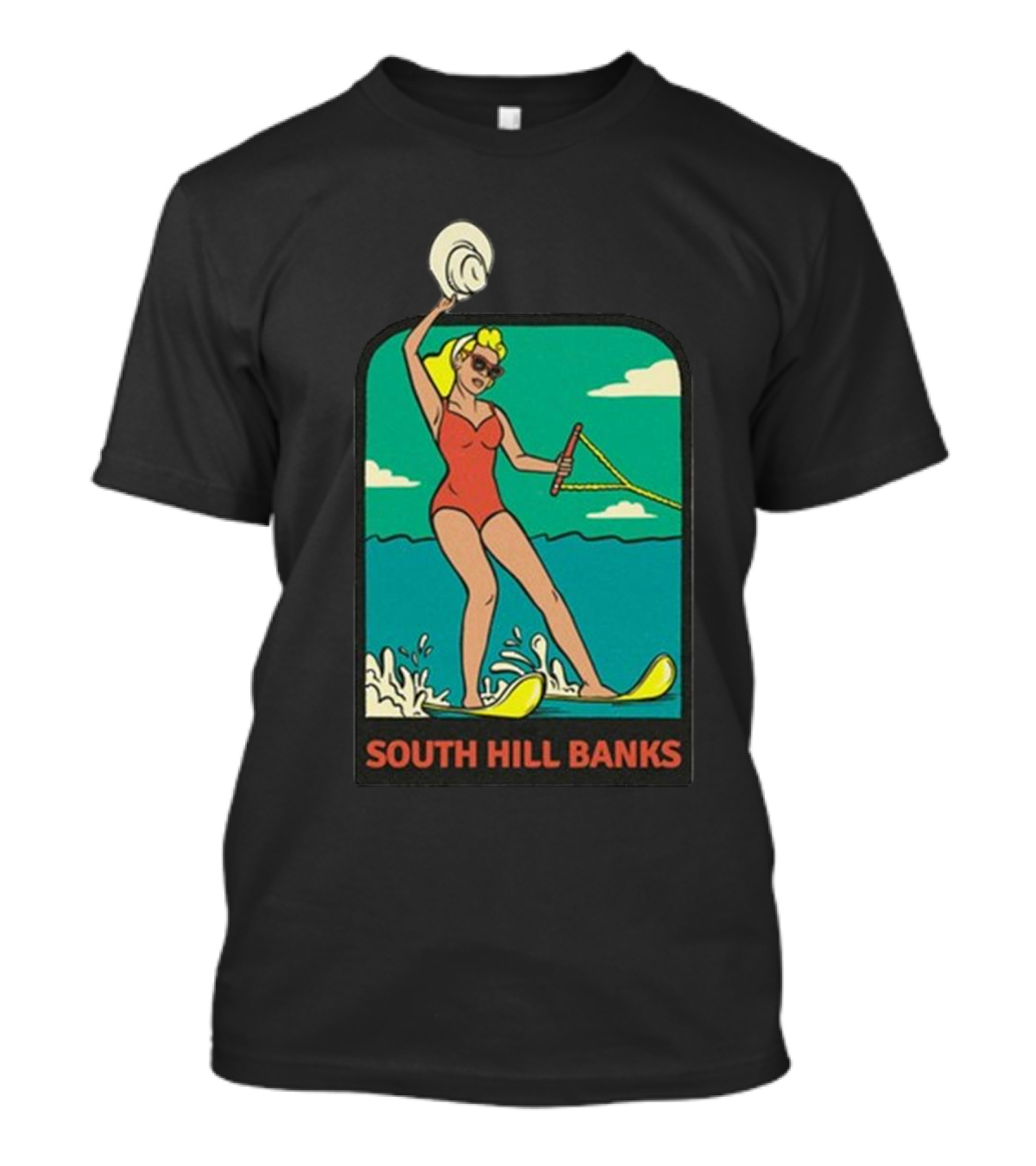 South Hill Banks Waterskiing Woman In Red Swimsuit T-Shirt