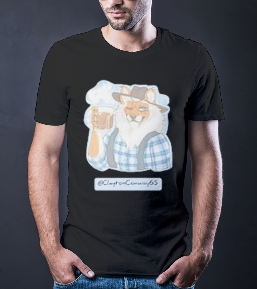 Clayton Conway 65 @ClaytonConway65 Cat In Plaid With Hat Holding Coffee T-Shirt