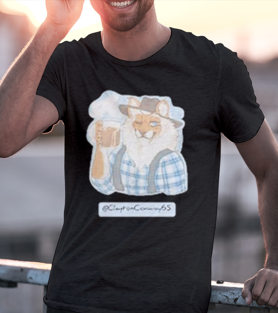 Clayton Conway 65 @ClaytonConway65 Cat In Plaid With Hat Holding Coffee T-Shirt