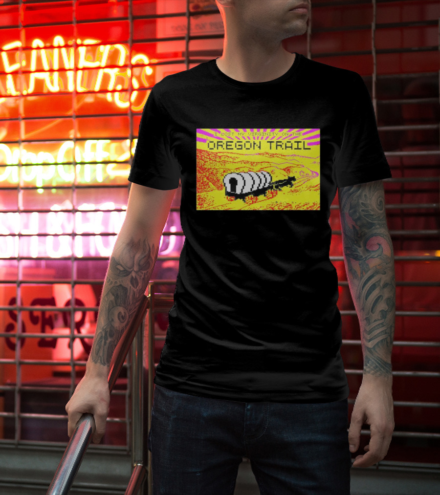 I Lost My Virginity On The Oregon Trail Retro Pixel Art Covered Wagon 80s T-Shirt