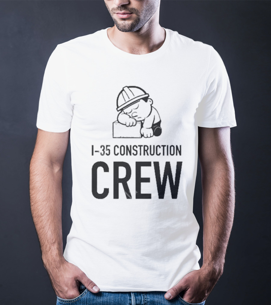 I-35 Construction Crew Cartoon Worker Sleeping On Block T-Shirt