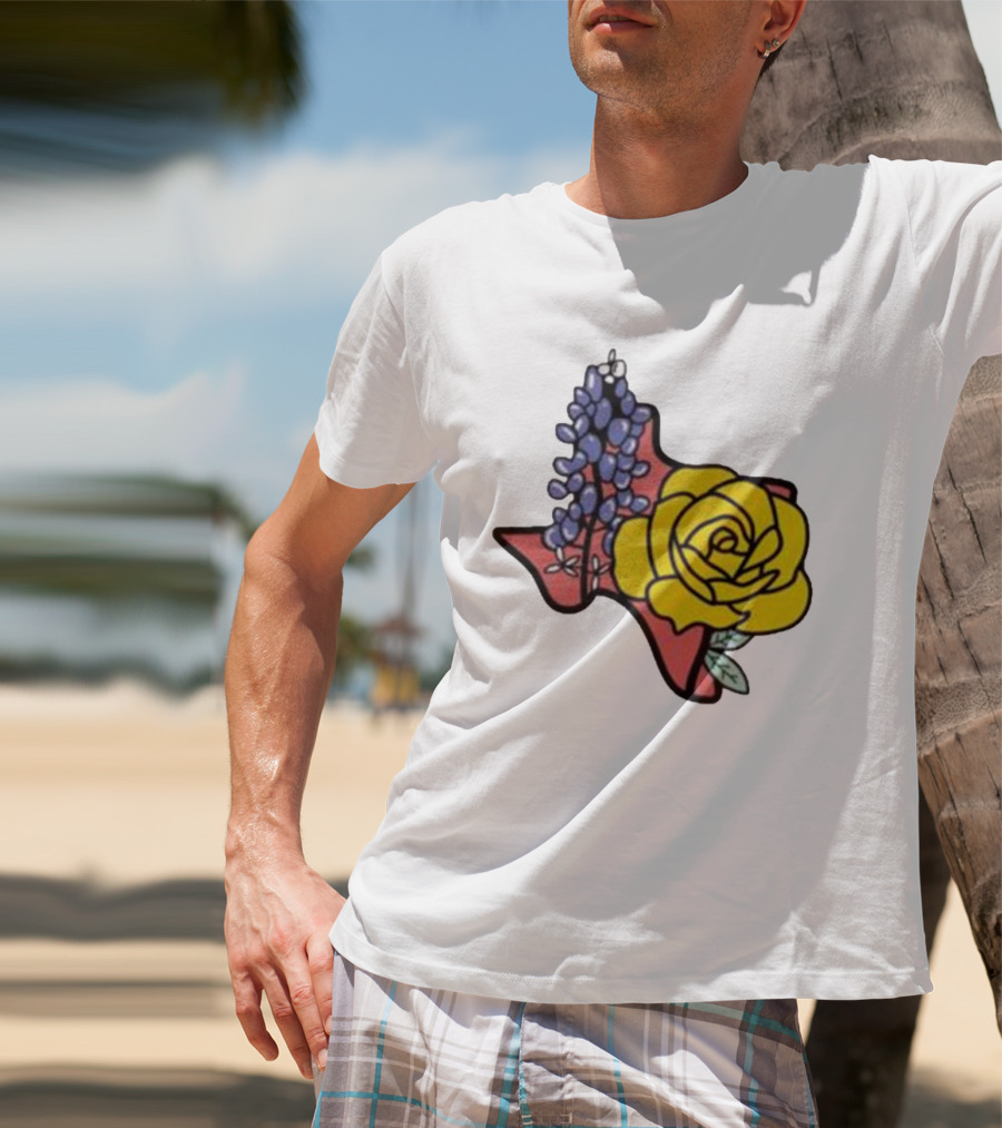 Texas Wildflower Humor Yellow Rose Bluebonnet State Outline T-Shirt
