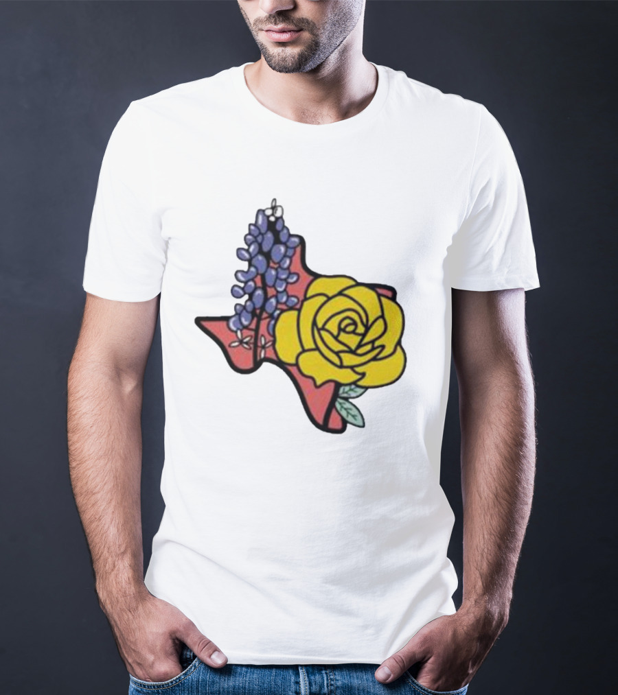 Texas Wildflower Humor Yellow Rose Bluebonnet State Outline T-Shirt