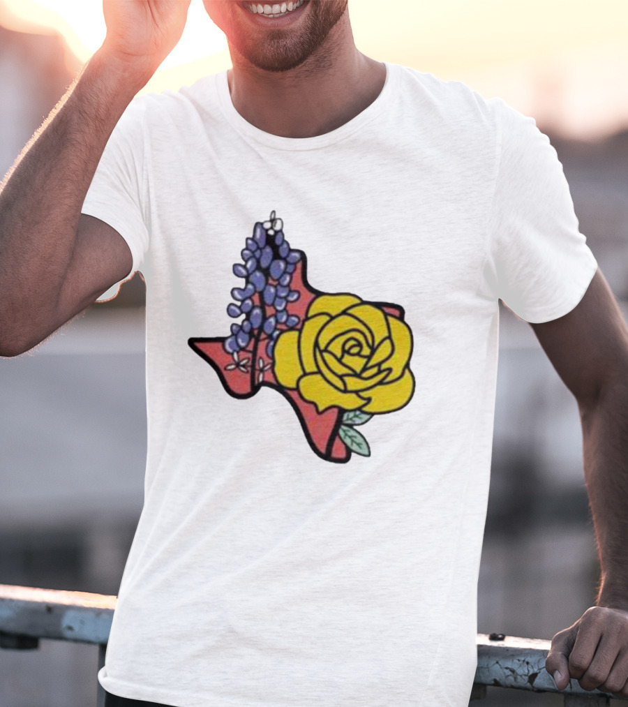 Texas Wildflower Humor Yellow Rose Bluebonnet State Outline T-Shirt