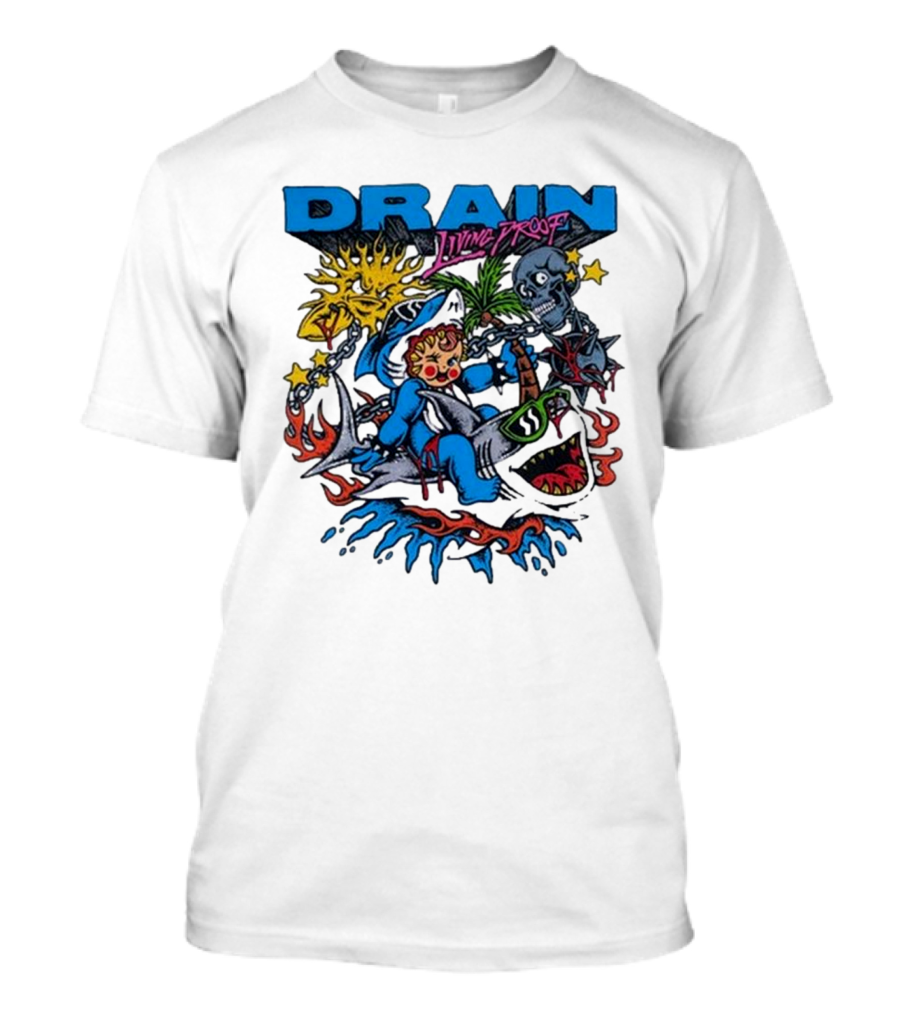 DRAIN Living Proof Chain-Wrapped Shark With Skeleton And Sunburst T-Shirt