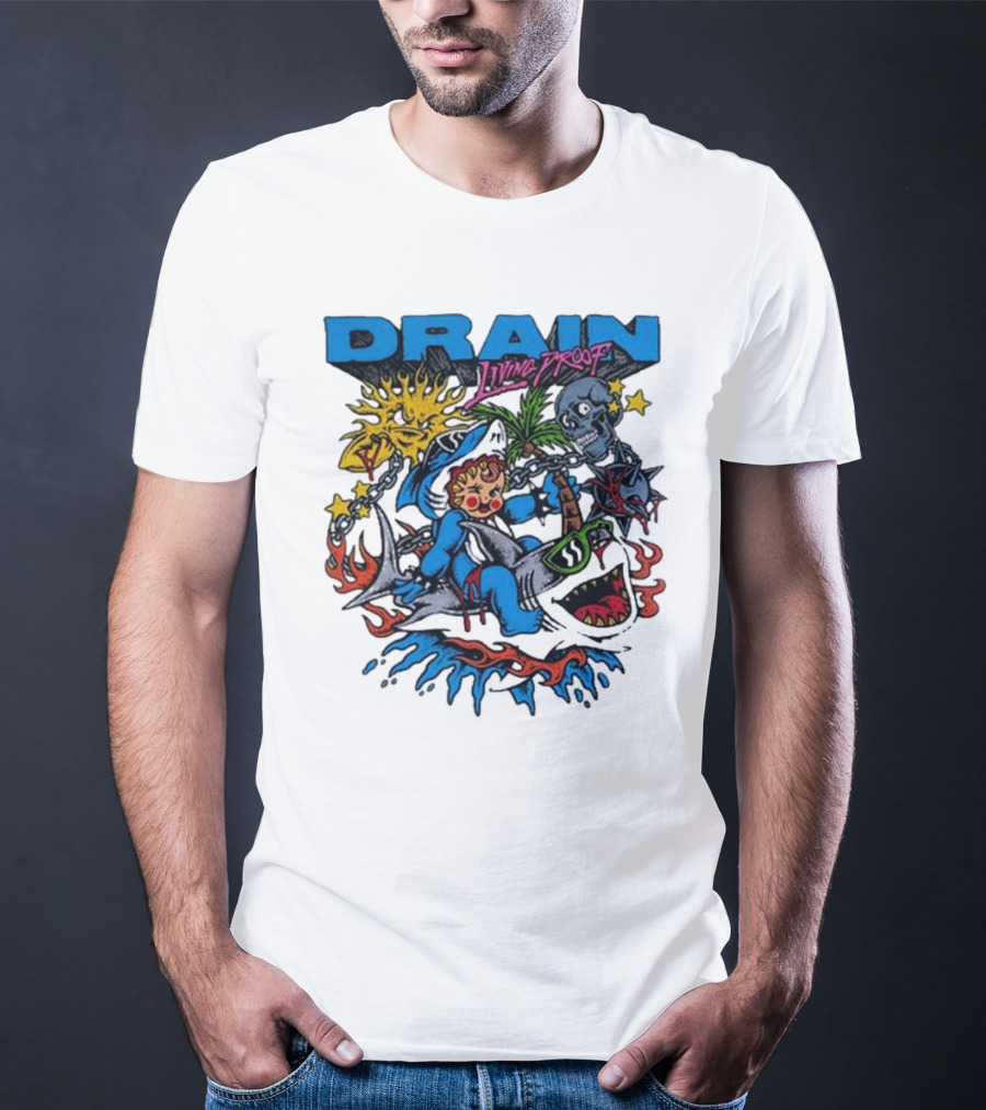 DRAIN Living Proof Chain-Wrapped Shark With Skeleton And Sunburst T-Shirt