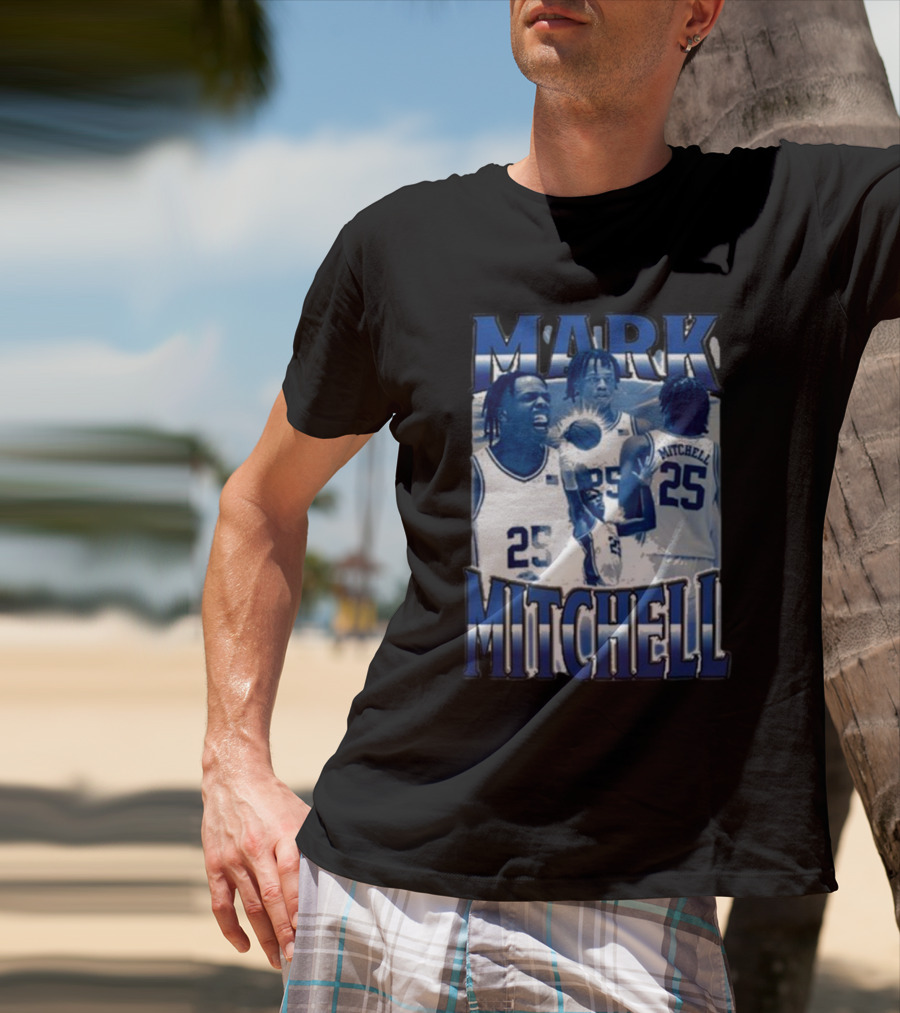 Mark Mitchell 25 Basketball Collage Blue And White T-Shirt