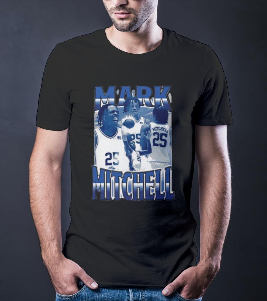 Mark Mitchell 25 Basketball Collage Blue And White T-Shirt
