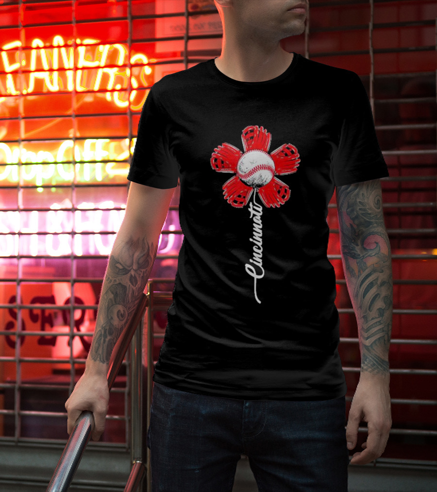 Cincinnati Baseball Flower With Baseball Center And Red Glove Petals T-Shirt