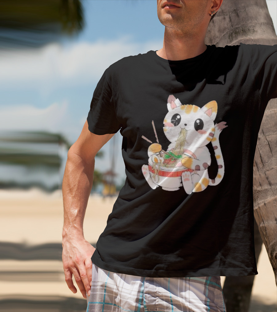 Kawaii Neko Eating Ramen In Cute Cartoon T-Shirt