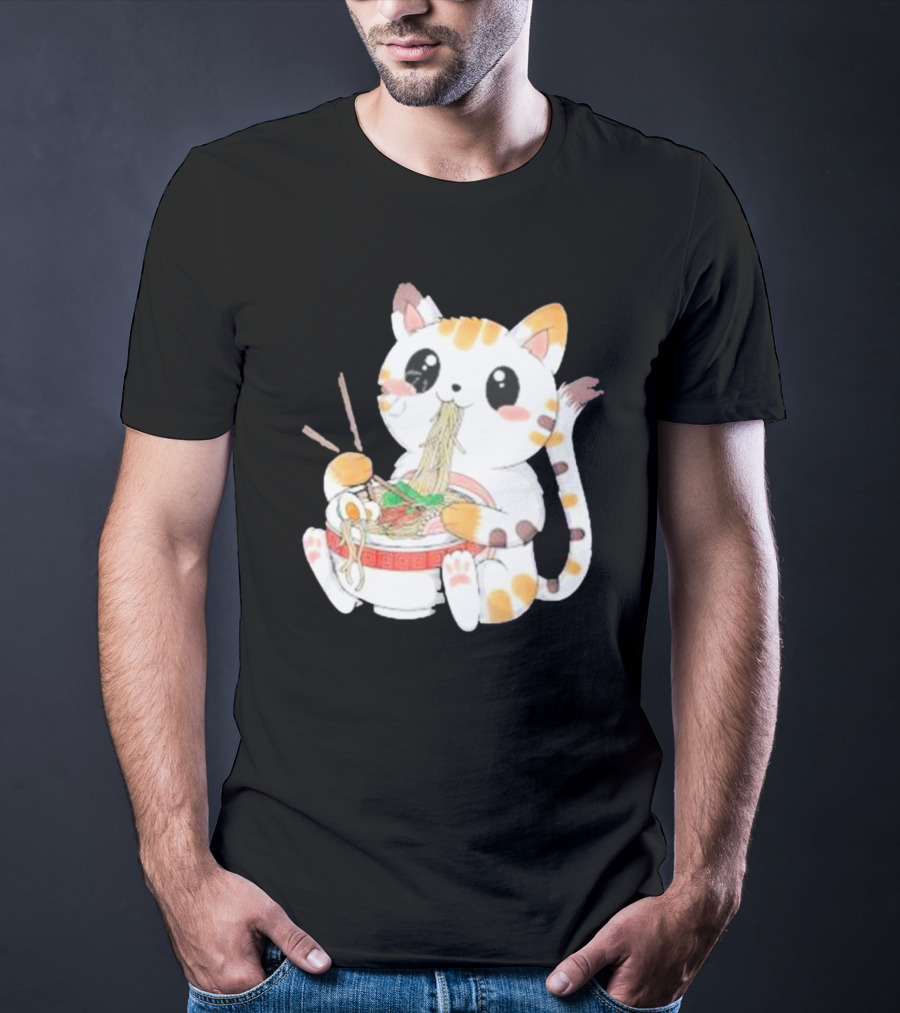 Kawaii Neko Eating Ramen In Cute Cartoon T-Shirt