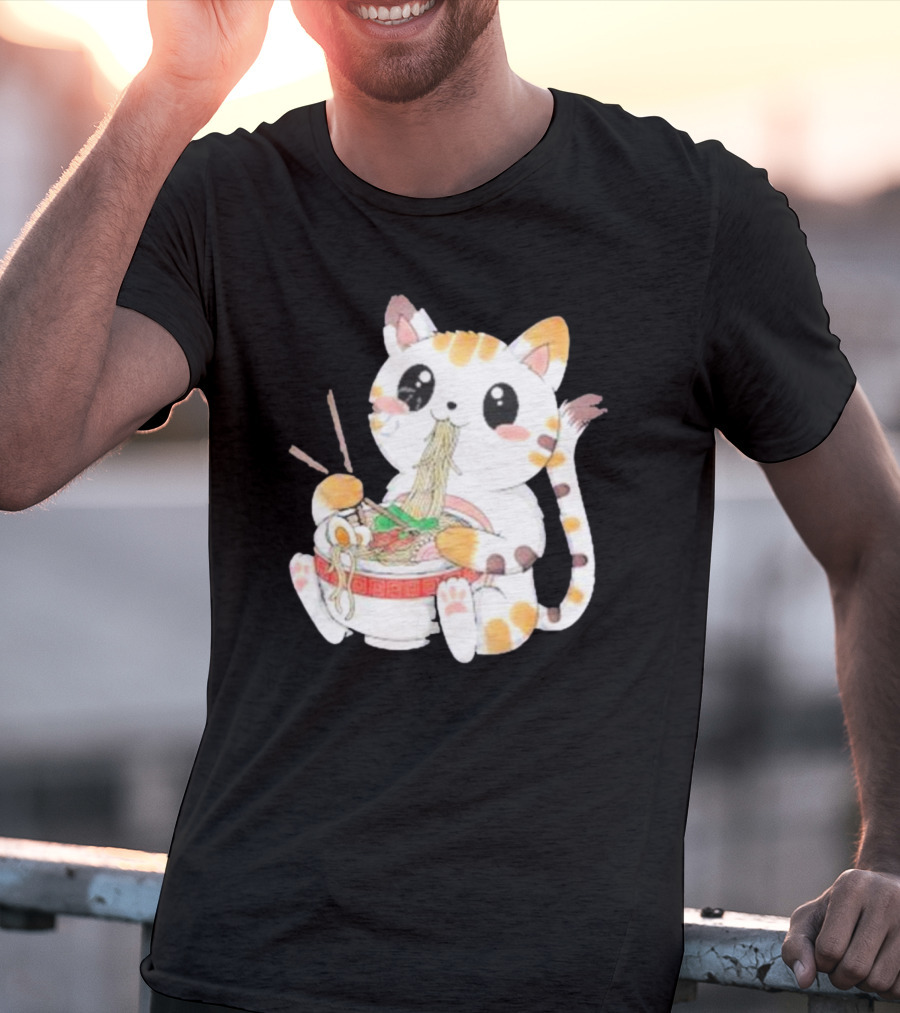 Kawaii Neko Eating Ramen In Cute Cartoon T-Shirt