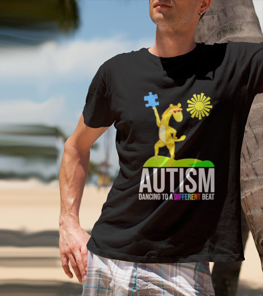 Giraffe With Puzzle Piece And Sun Celebrating Autism Dancing To A Different Beat T-Shirt