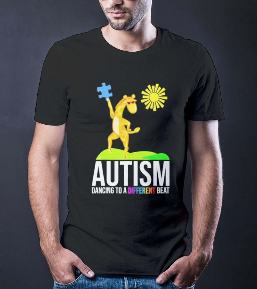 Giraffe With Puzzle Piece And Sun Celebrating Autism Dancing To A Different Beat T-Shirt