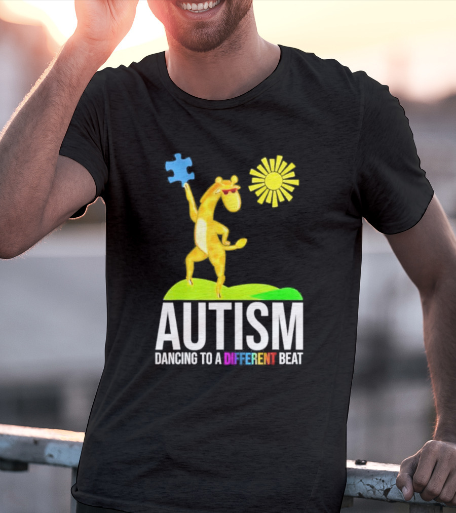 Giraffe With Puzzle Piece And Sun Celebrating Autism Dancing To A Different Beat T-Shirt