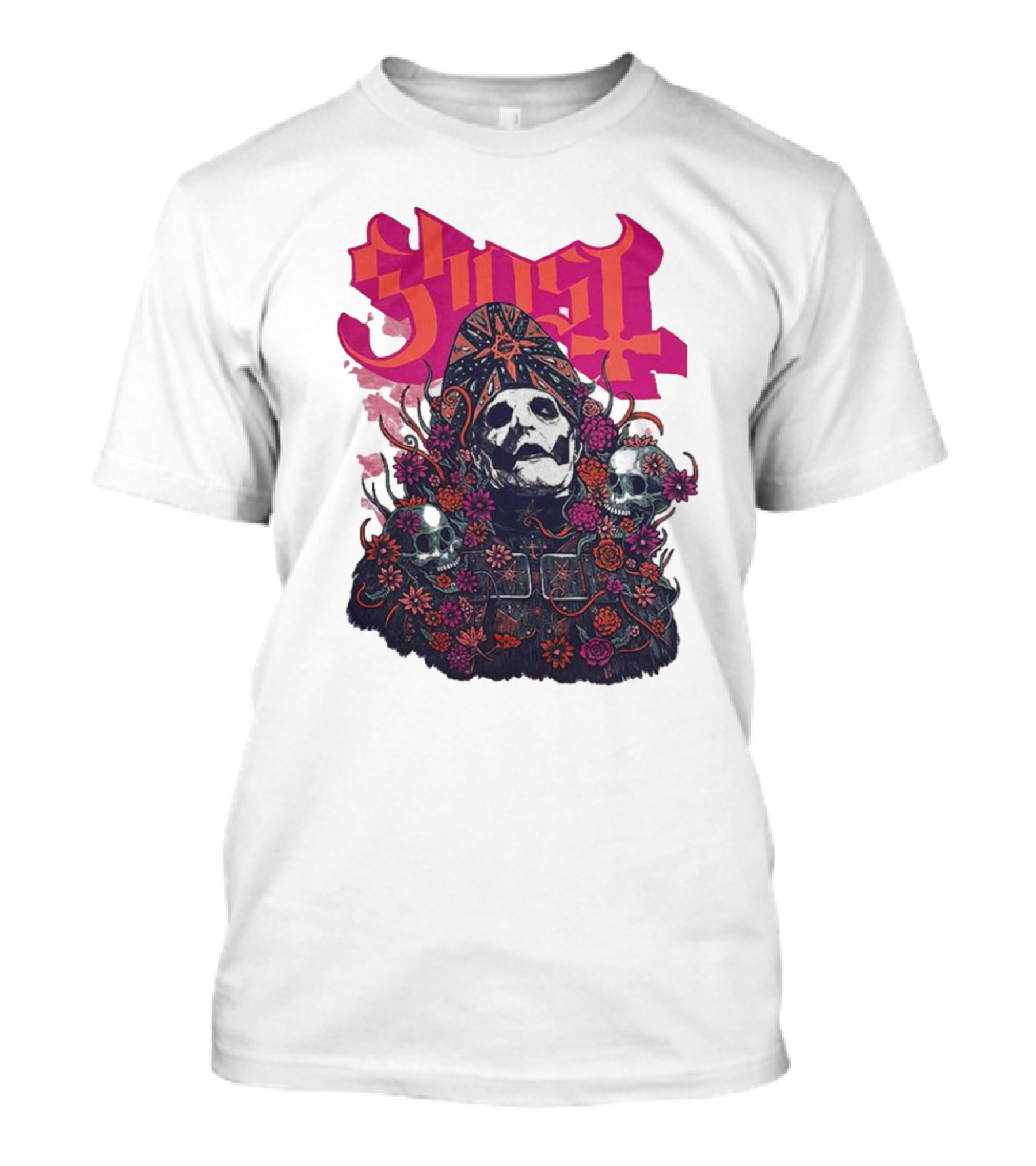 Ghost Skull In Floral Bliss Pink Crystal Wash T-Shirt
