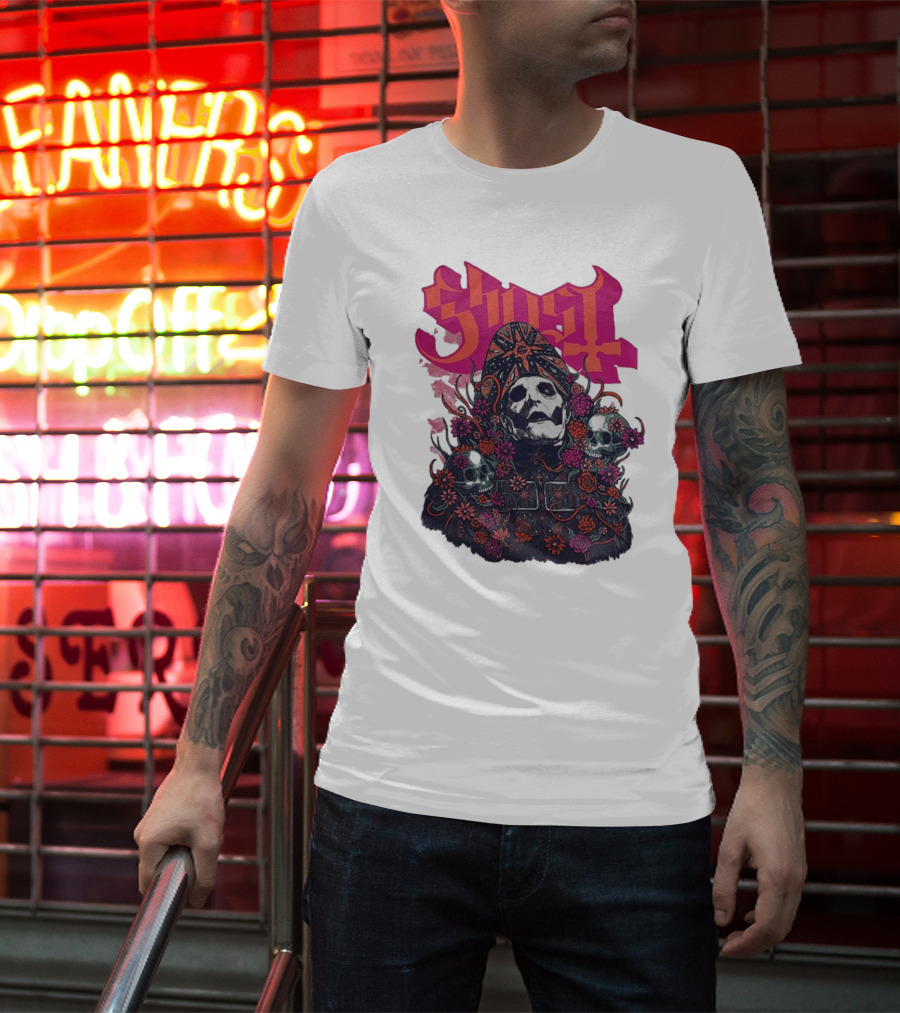 Ghost Skull In Floral Bliss Pink Crystal Wash T-Shirt