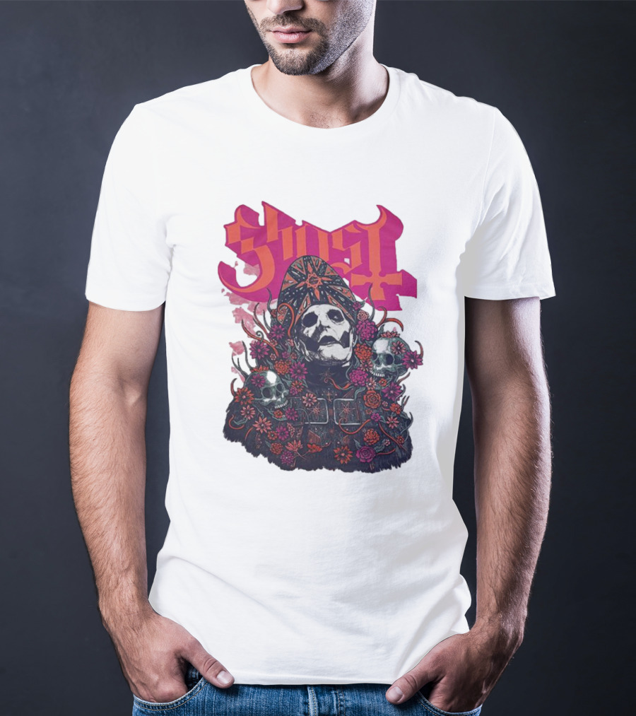 Ghost Skull In Floral Bliss Pink Crystal Wash T-Shirt