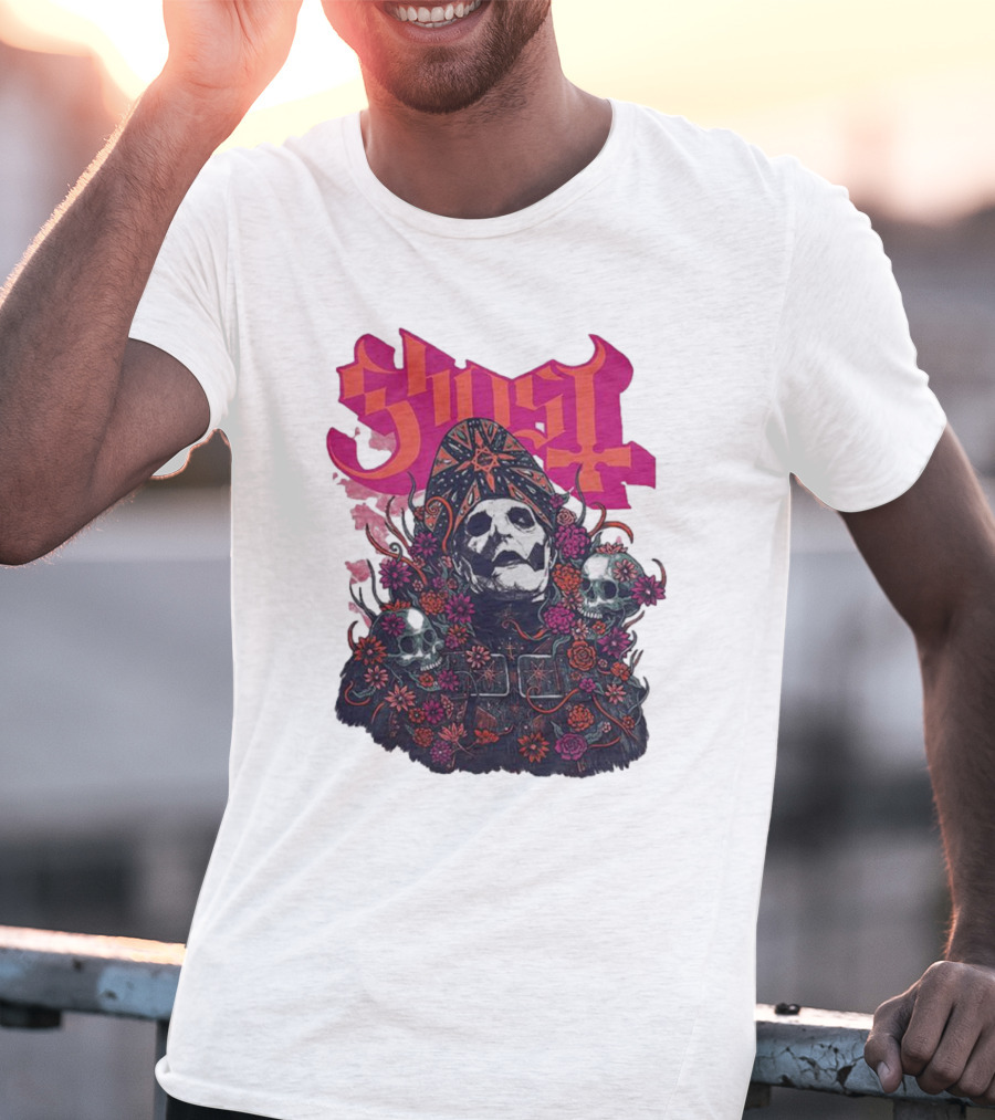 Ghost Skull In Floral Bliss Pink Crystal Wash T-Shirt