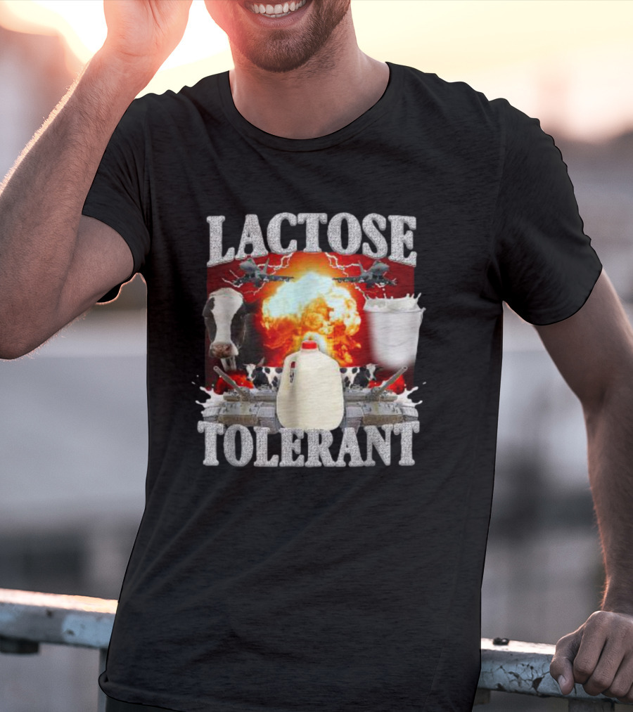 LACTOSE TOLERANT Milk Explosion Cow Jug Planes Battle Scene T-Shirt