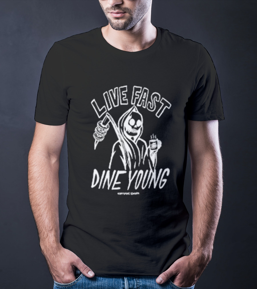 Himynameismark Live Fast Dine Young Grim Reaper With Scythe And Coffee Cup T-Shirt