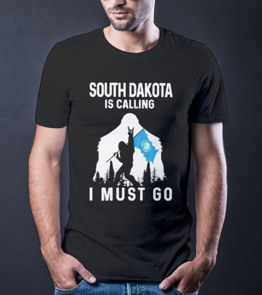South Dakota Is Calling I Must Go Bigfoot Holding South Dakota Flag T-Shirt