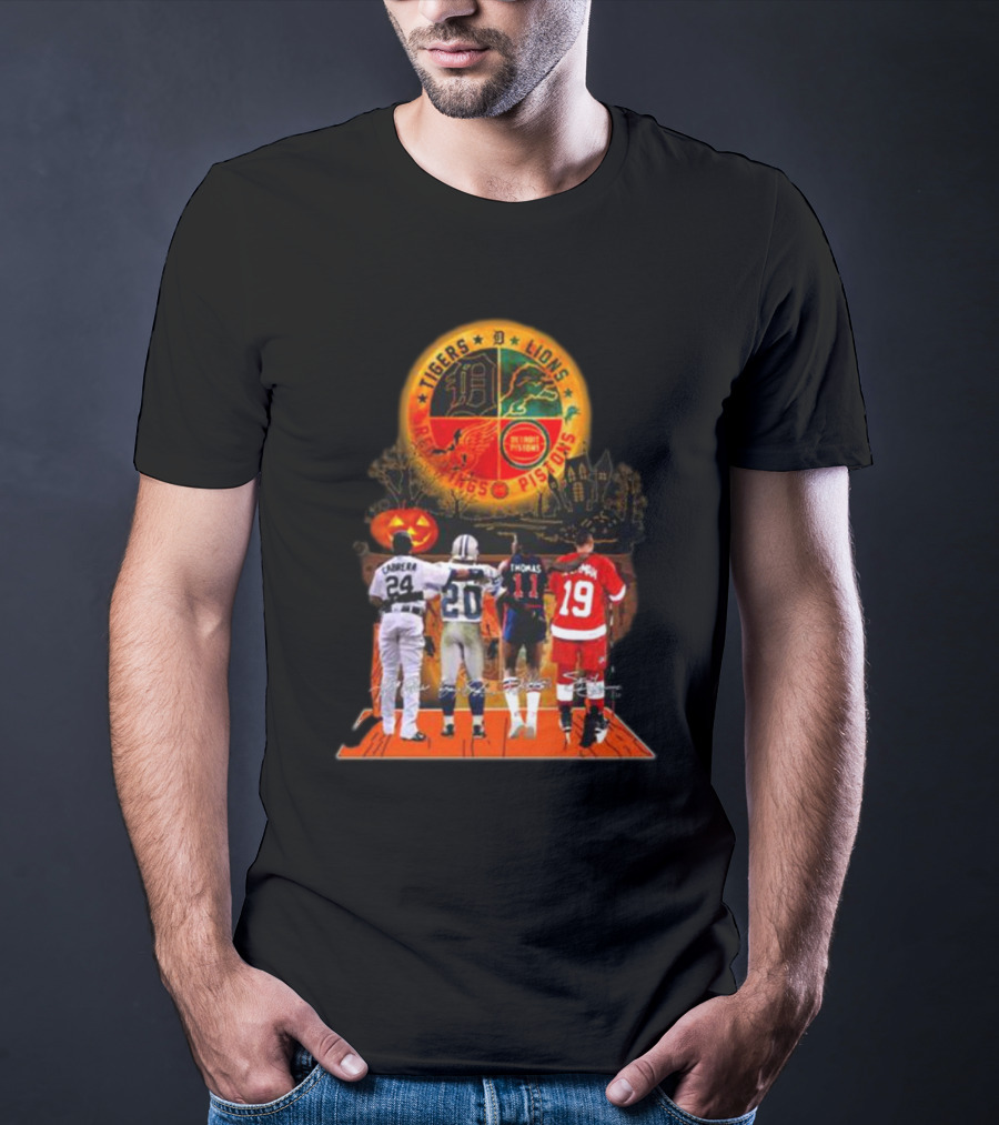 Detroit Tigers Lions Pistons Red Wings Halloween Signatures Cabrera Sanders Thomas Yzerman T-Shirt