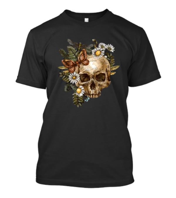 Skull With Butterfly And Dragonfly Surrounded By Autumn Leaves And Daisies T-Shirt