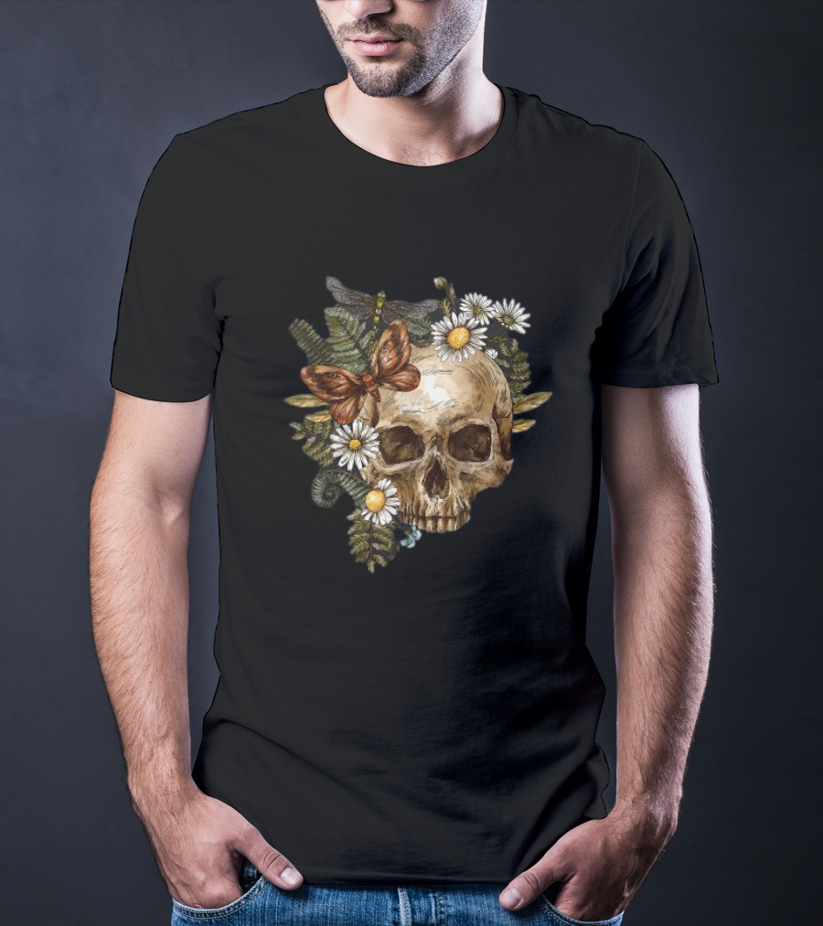 Skull With Butterfly And Dragonfly Surrounded By Autumn Leaves And Daisies T-Shirt