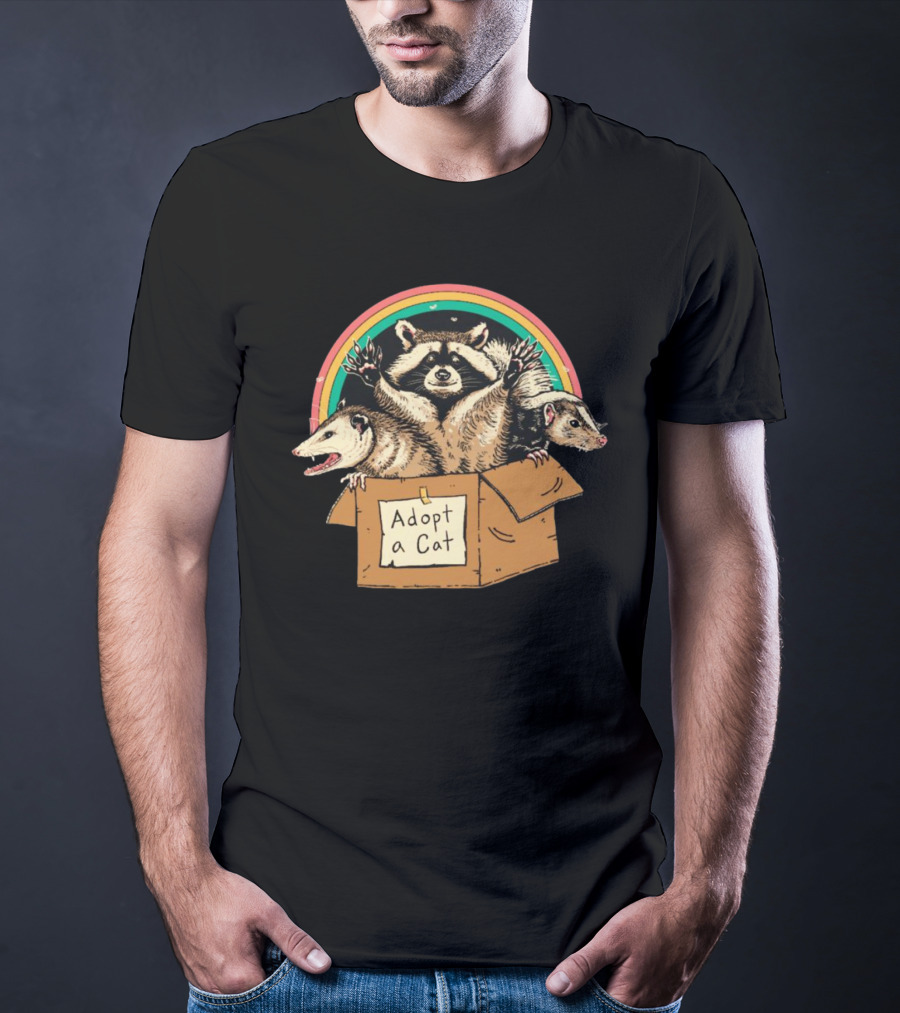 Wicked Clothes Adopt A Cat Raccoon And Opossum In Cardboard Box Rainbow T-Shirt