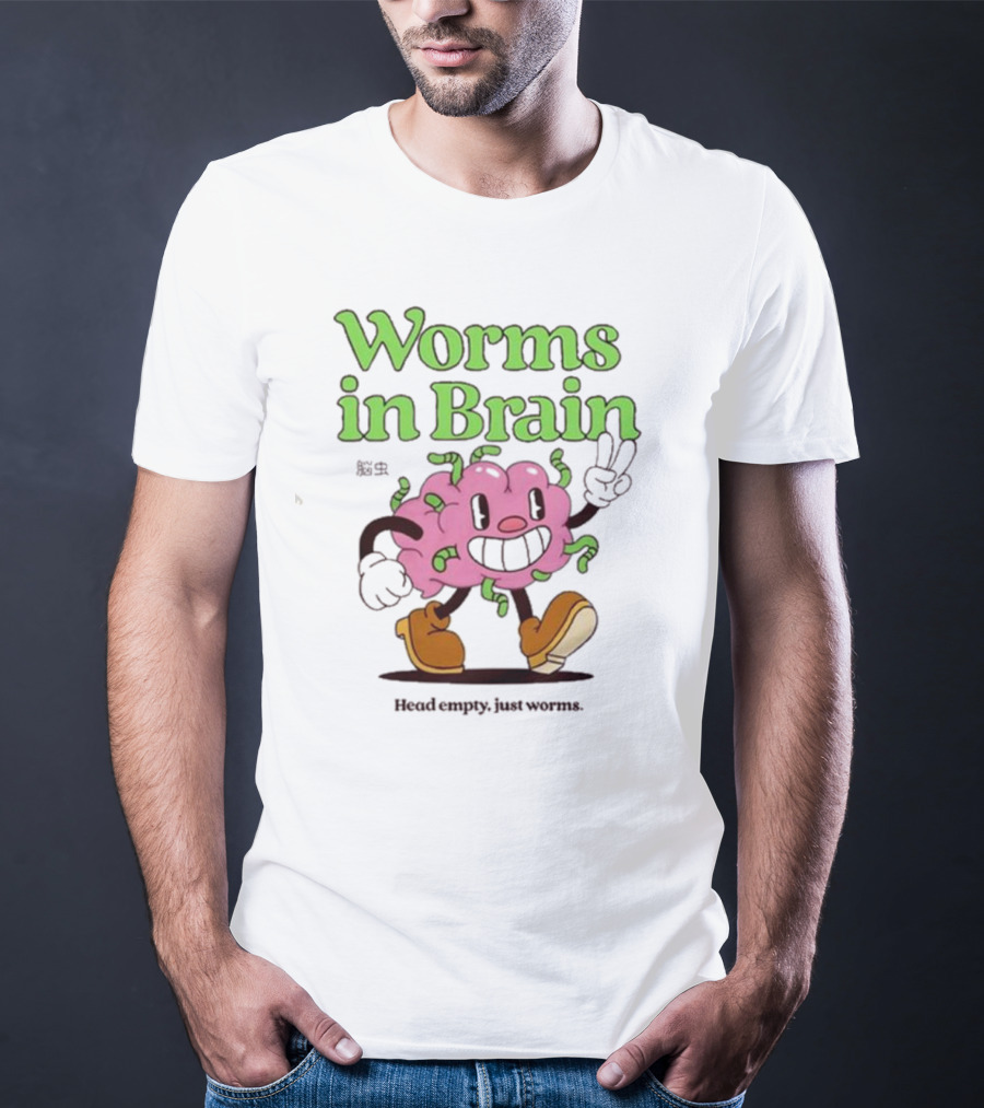 Worms In Brain Head Empty Just Worms Cartoon Brain Peace Sign T-Shirt