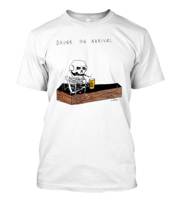 Matt Gray Drunk On Arrival Skeleton In Coffin Holding Drink T-Shirt