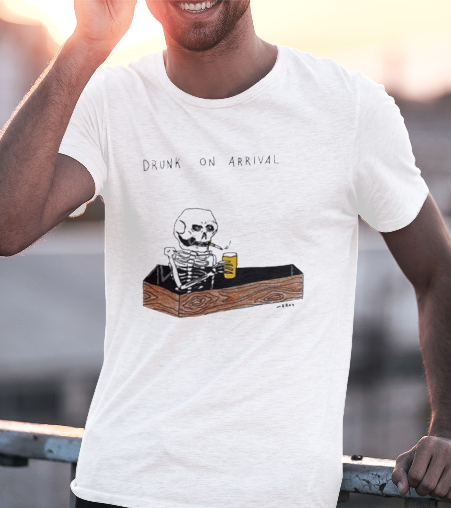 Matt Gray Drunk On Arrival Skeleton In Coffin Holding Drink T-Shirt